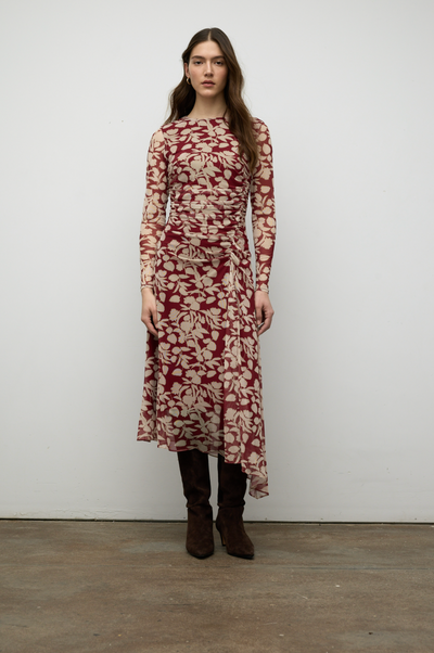 Printed Mesh Asymmetric Dress in Cherry Red/Bone