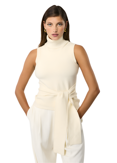 Celeste Sleeveless Tie-Front Turtleneck in Ivory