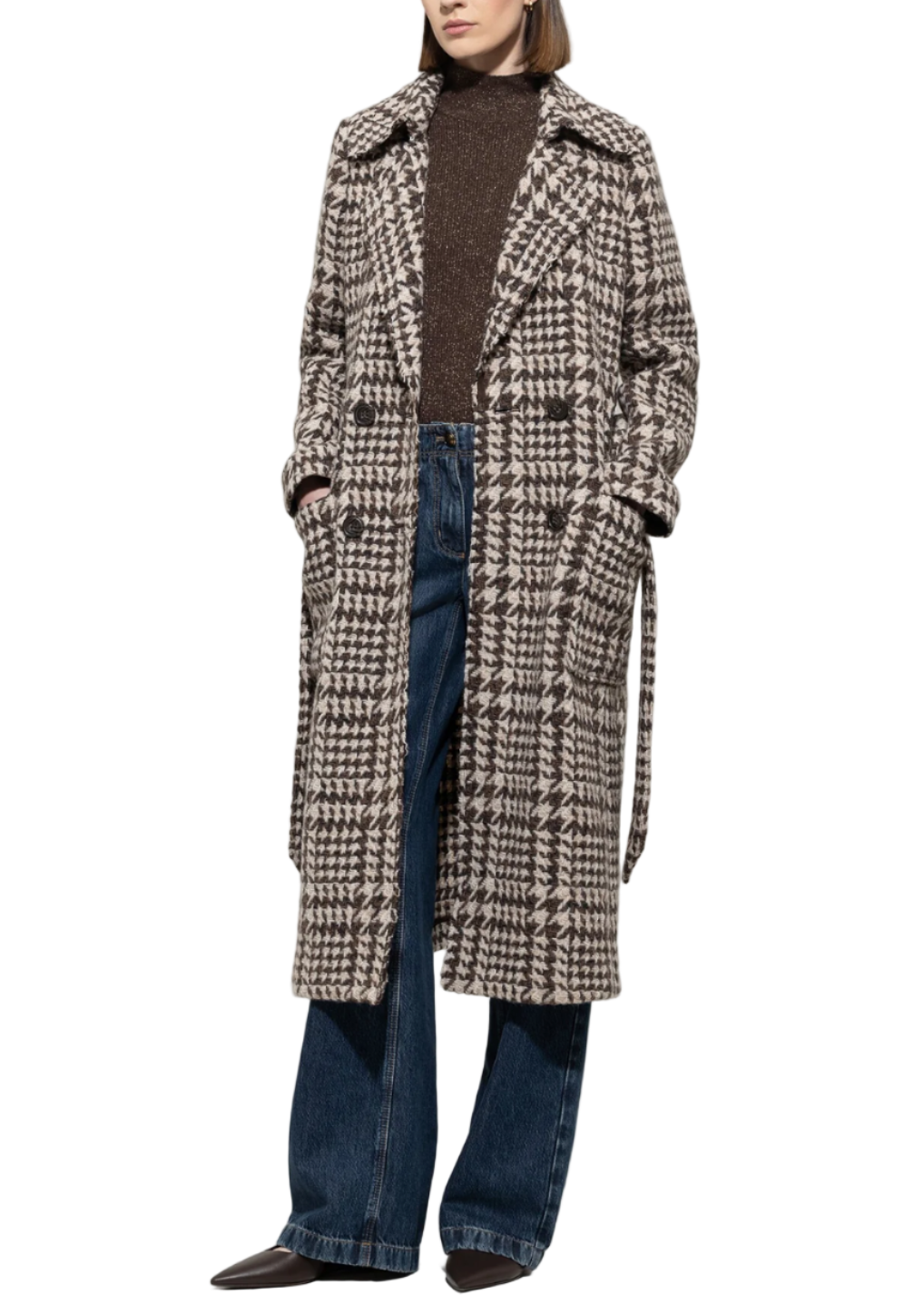 Glencheck Coat with Belt in Espresso Multi