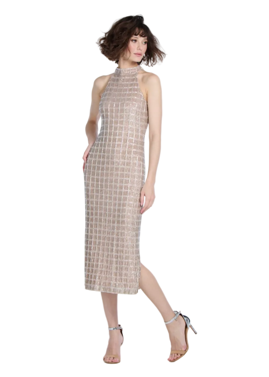 Windowpane Sequin Mock-Neck Dress Blush