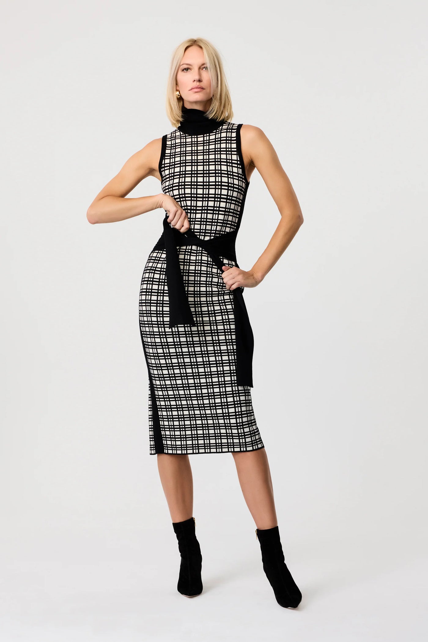 Peggy Tie-Front Knit Dress in Jet/Ivory Herringbone