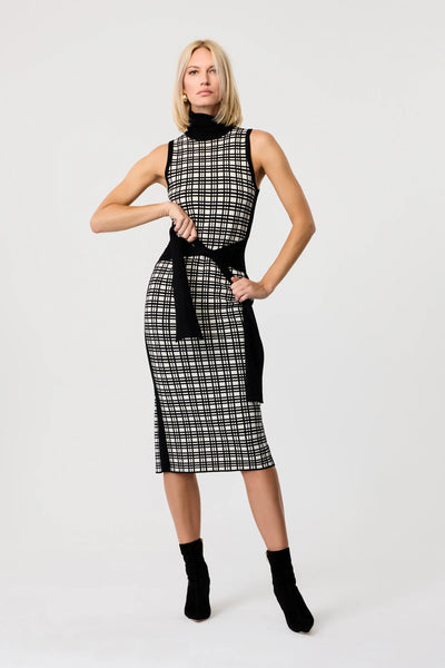 Peggy Tie-Front Knit Dress in Jet/Ivory Herringbone