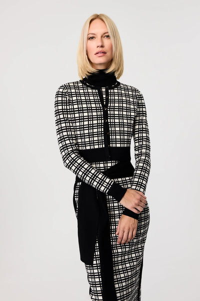 Peggy Tie-Front Knit Dress in Jet/Ivory Herringbone