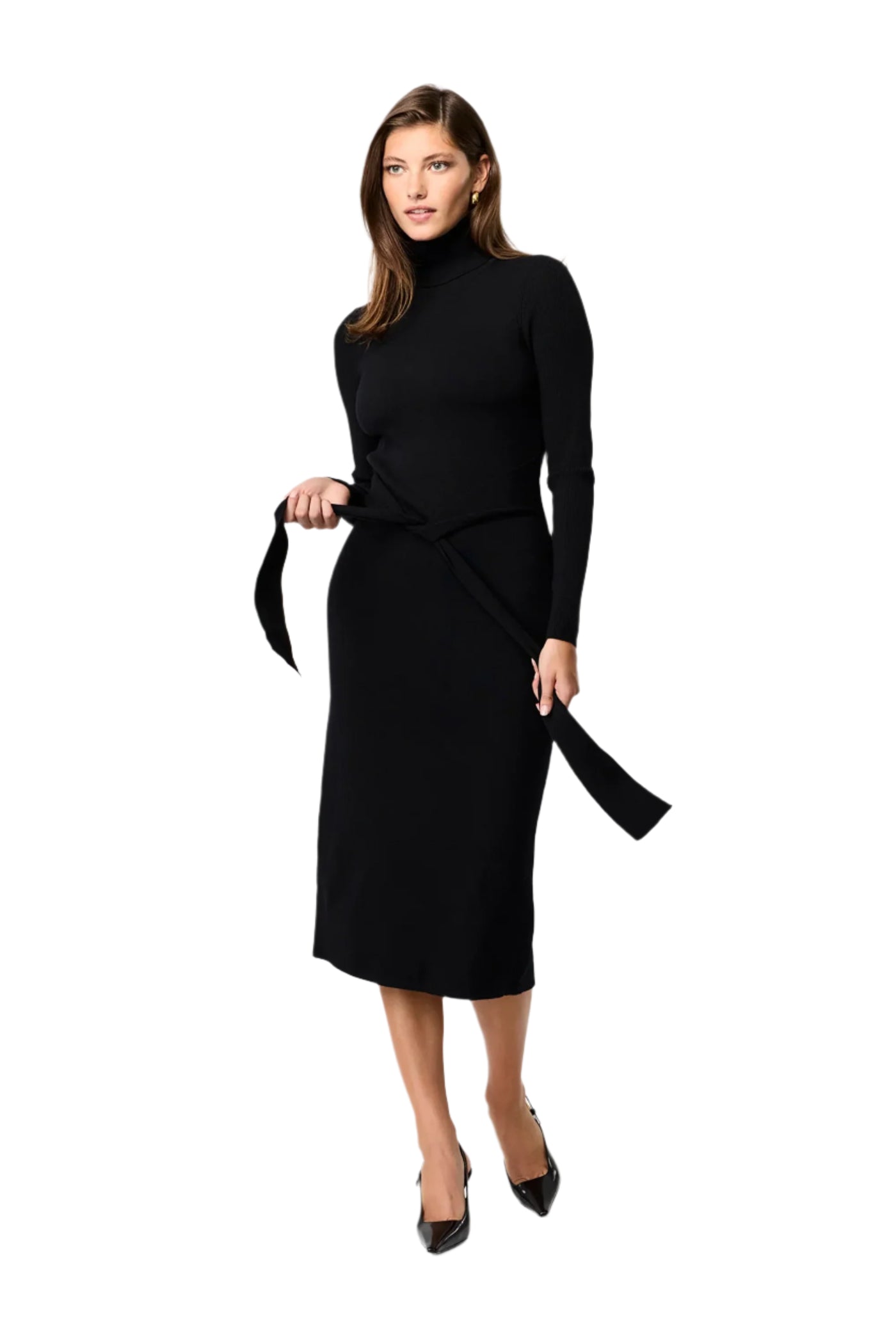 Logan Long Sleeve Tie-Front Turtleneck Dress in Jet