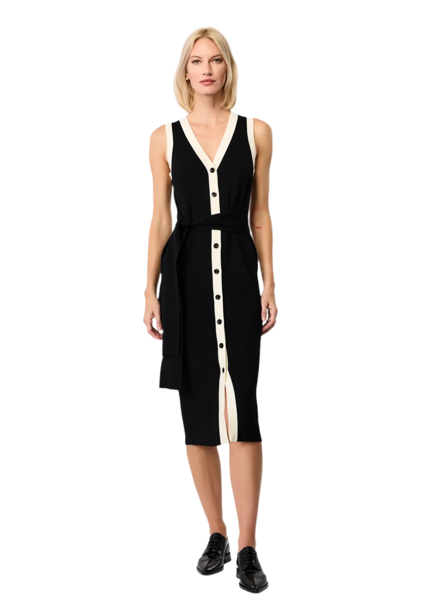 Victoria Sleeveless Tie-Front Midi Dress in Jet/Optic
