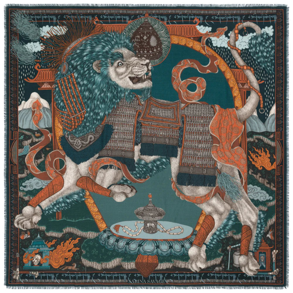 The Snow Lion Wool Silk Shawl 135 - Turquoise/Saffron