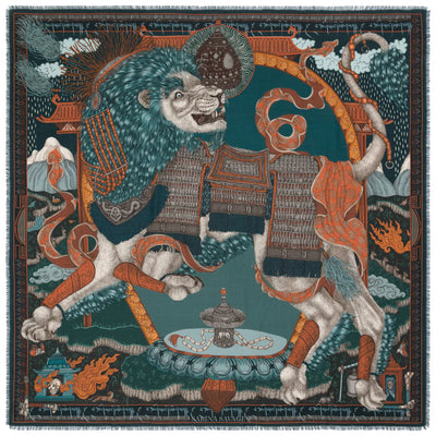 The Snow Lion Wool Silk Shawl 135 - Turquoise/Saffron