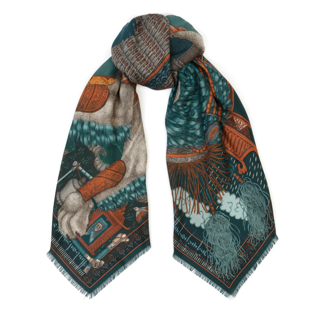 The Snow Lion Wool Silk Shawl 135 - Turquoise/Saffron
