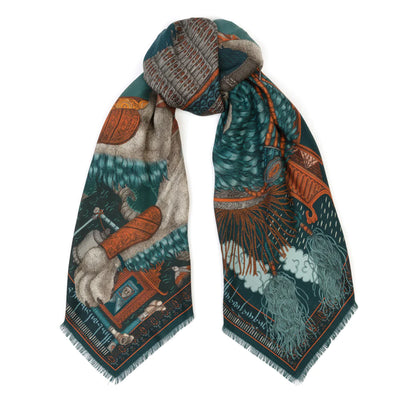 The Snow Lion Wool Silk Shawl 135 - Turquoise/Saffron