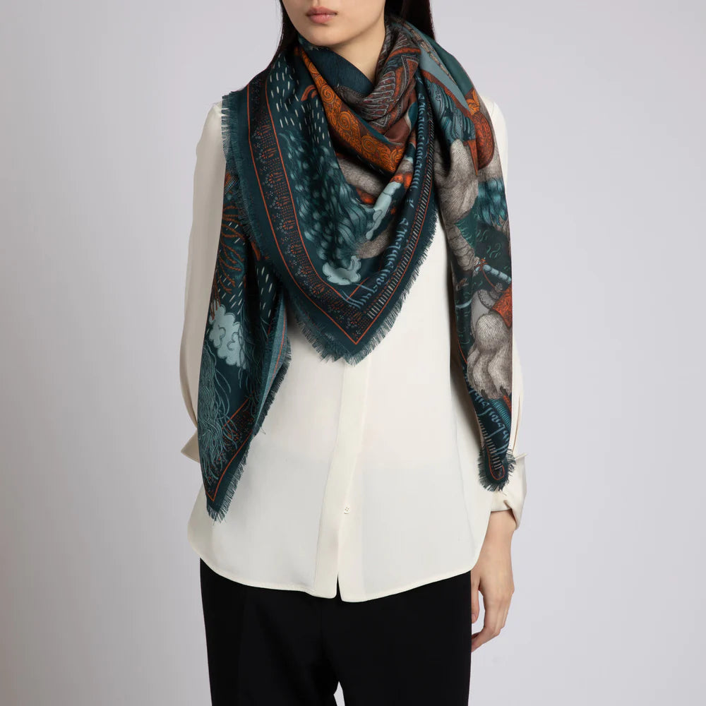 The Snow Lion Wool Silk Shawl 135 - Turquoise/Saffron