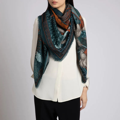 The Snow Lion Wool Silk Shawl 135 - Turquoise/Saffron