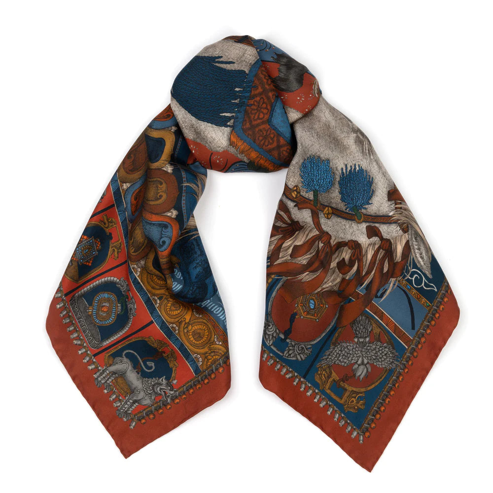 The Wind Horse Silk Scarf 90 - Madder/Sky