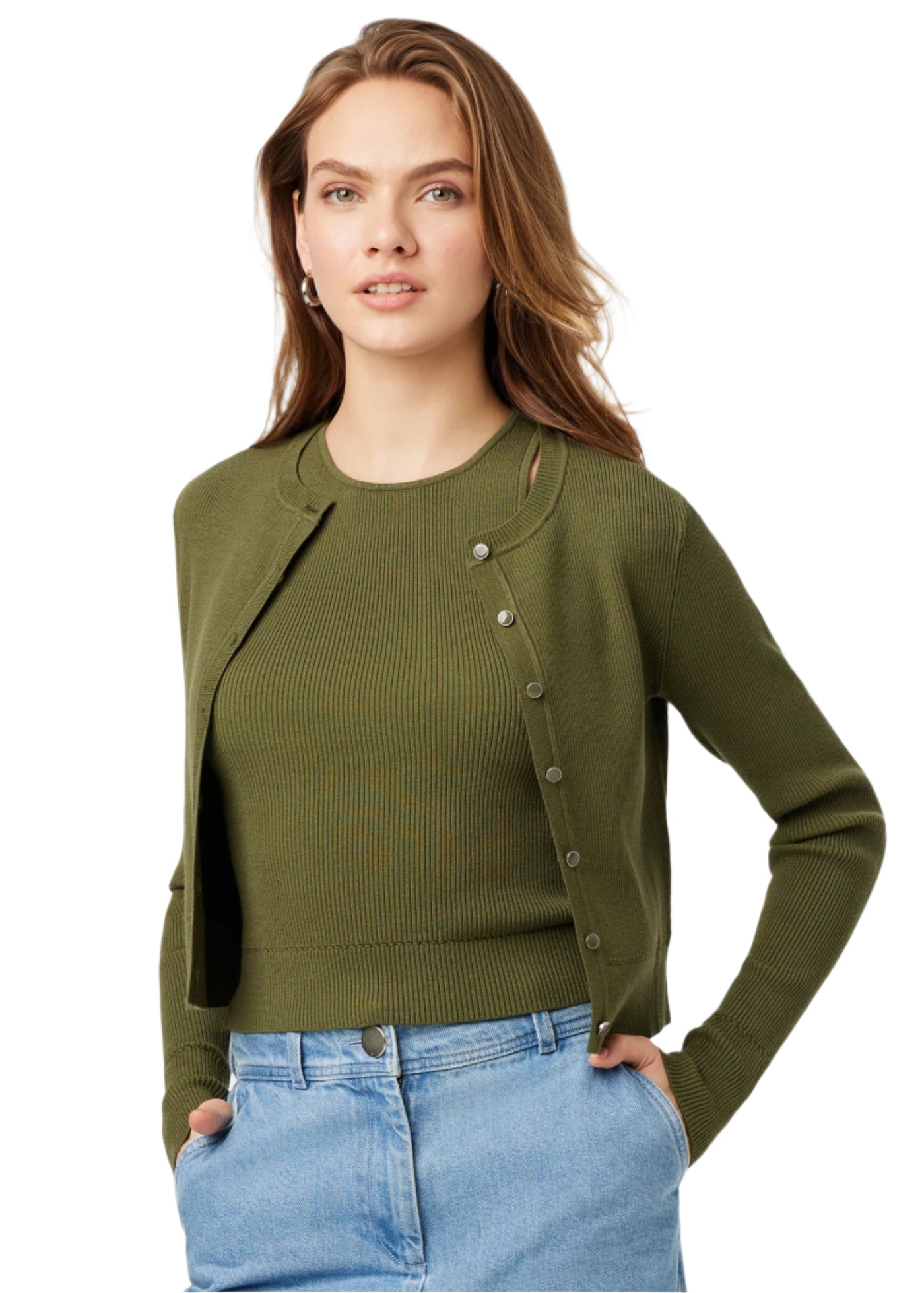 Zoe Classic Cropped Cardigan in Olive
