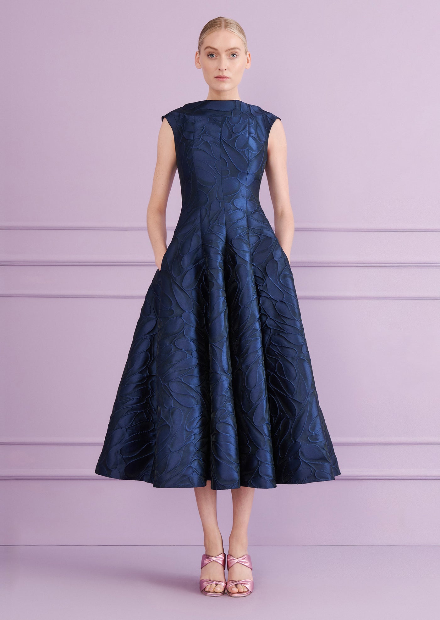 Honeydrop Jacquard Midi Dress in Royal Navy Blue