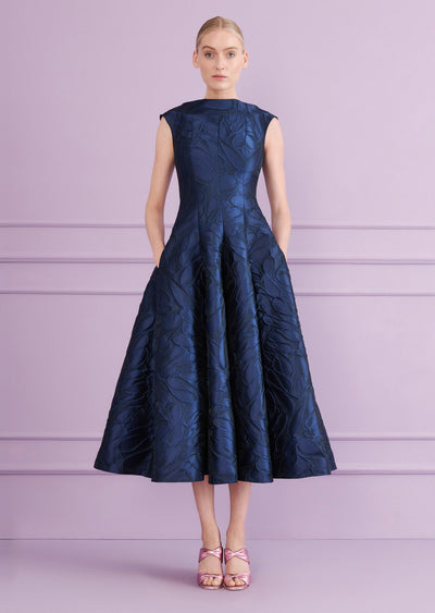 Honeydrop Jacquard Midi Dress in Royal Navy Blue
