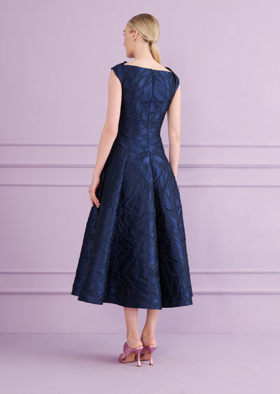 Honeydrop Jacquard Midi Dress in Royal Navy Blue