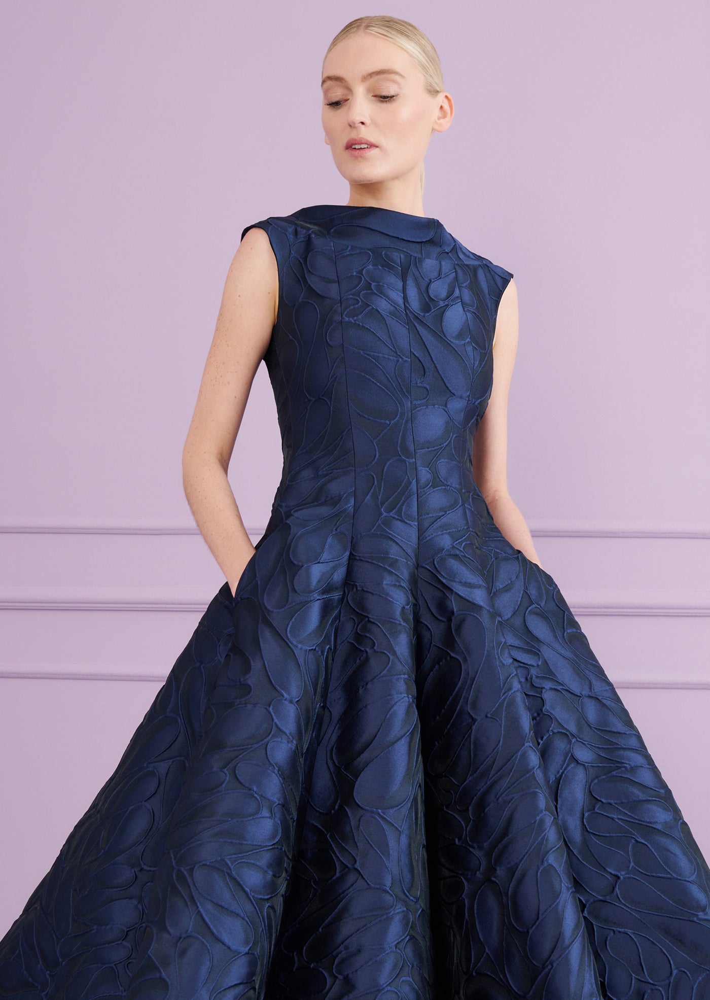 Honeydrop Jacquard Midi Dress in Royal Navy Blue