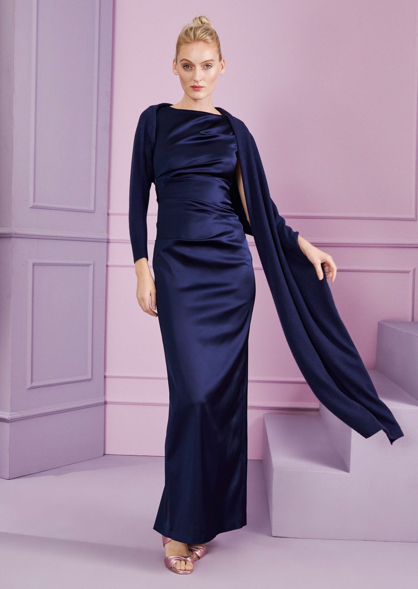 Tonya Sleeveless Ruched Gown in Navy