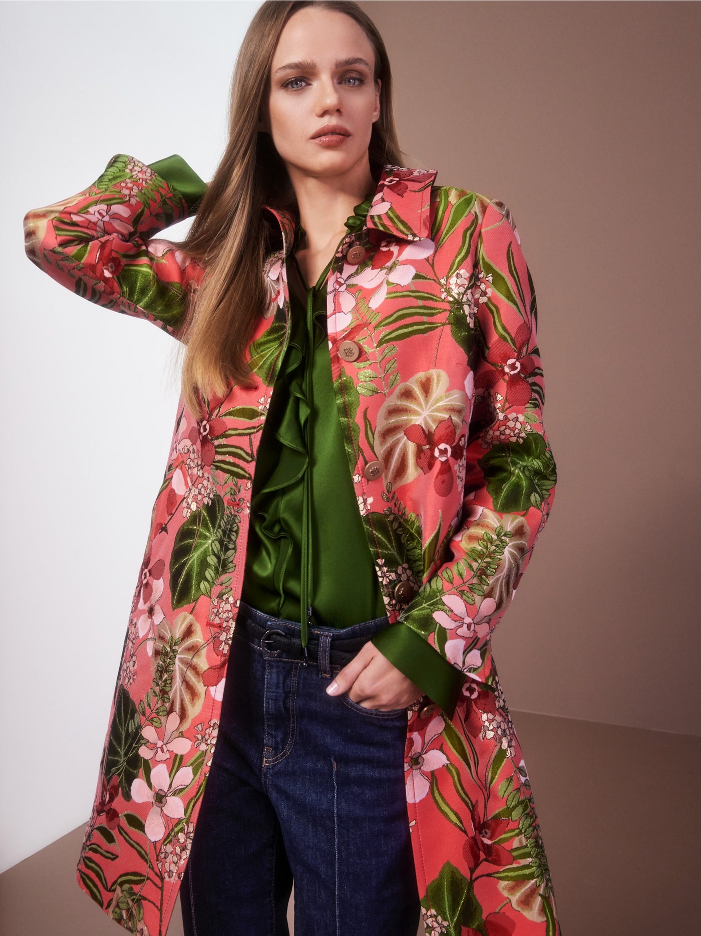 Coat with Floral Design - Red