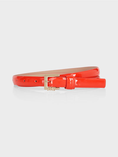 Narrow Patent Belt with Delicate Buckle in Bright Tomato