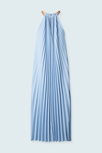 Halter Top Long Pleated Dress in Light Blue