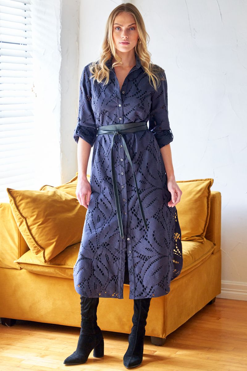 Long Alex Chunky Lace Shirtdress in Navy