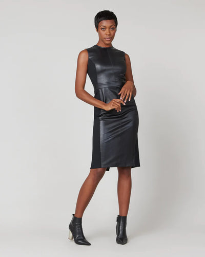 Leather-Like Combo Fitted Dress - Classic Black