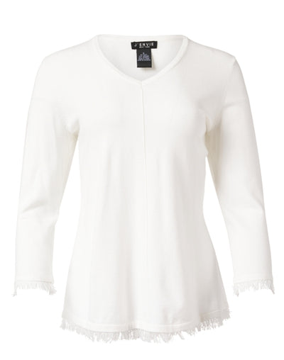 V-Neck Fringe Hem Sweater in White