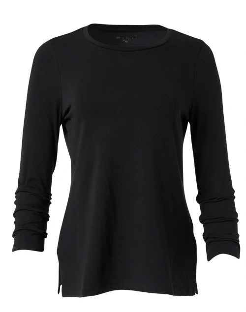 Pima Cotton Ruched Sleeve Tee in Black