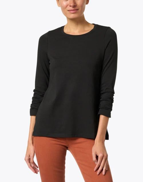Pima Cotton Ruched Sleeve Tee in Black