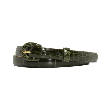 Skinny Glazed Alligator Belt with Covered Buckle in Olive