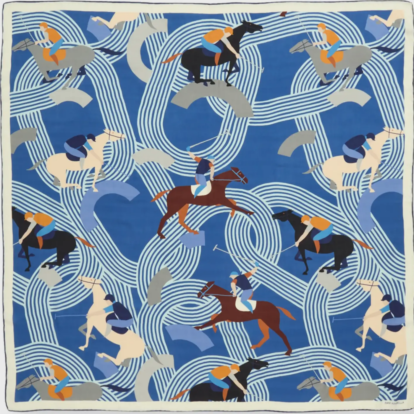 Cashmere Printed Scarf: Polo Players Denim
