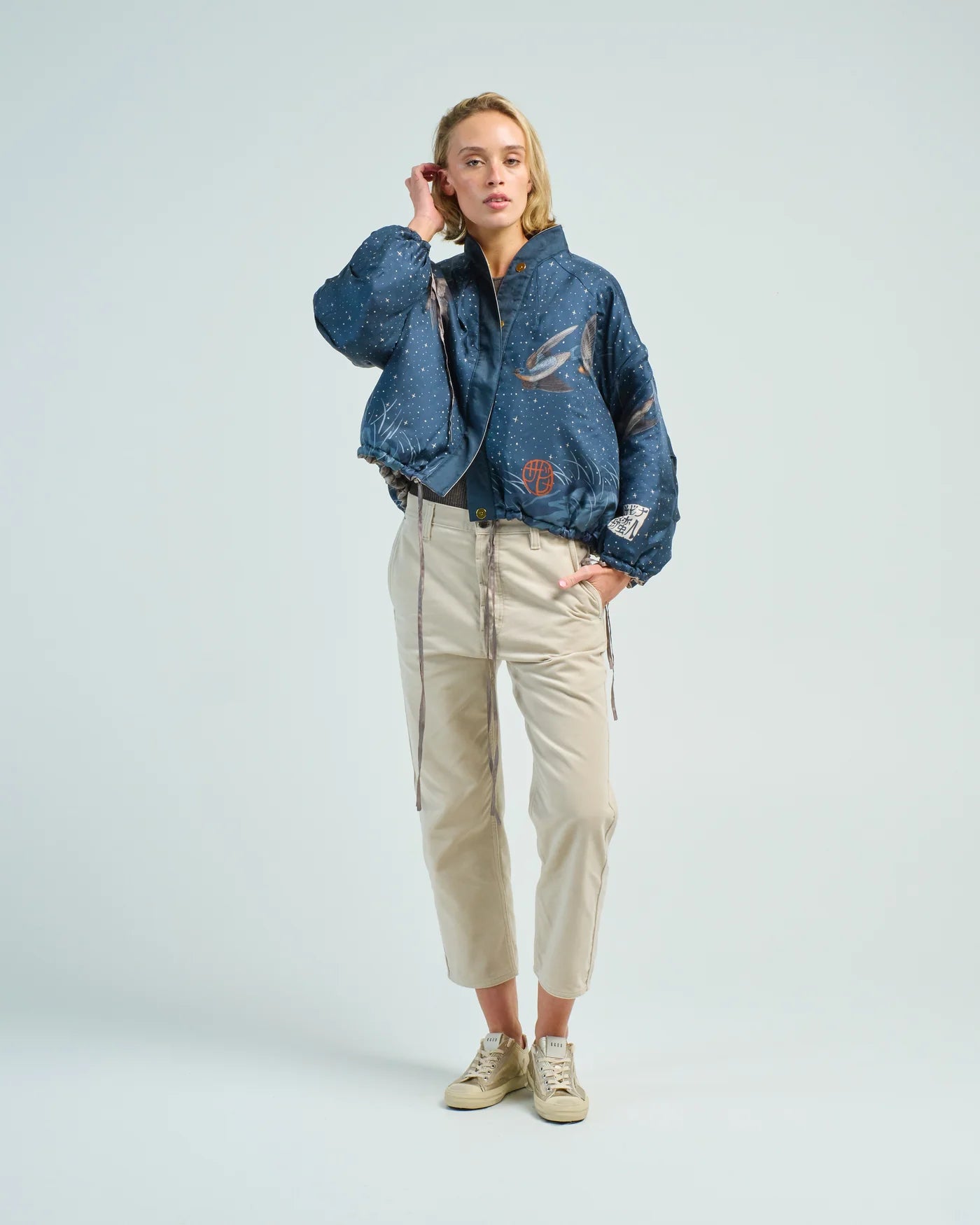The Lunar Leopard Reversible Silk Twill Bomber Jacket in Champagne/Soot