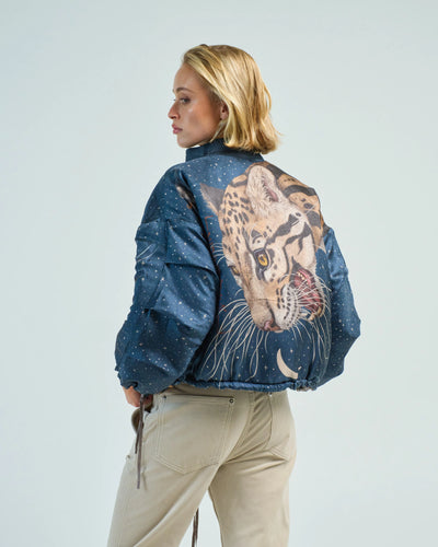 The Lunar Leopard Reversible Silk Twill Bomber Jacket in Champagne/Soot