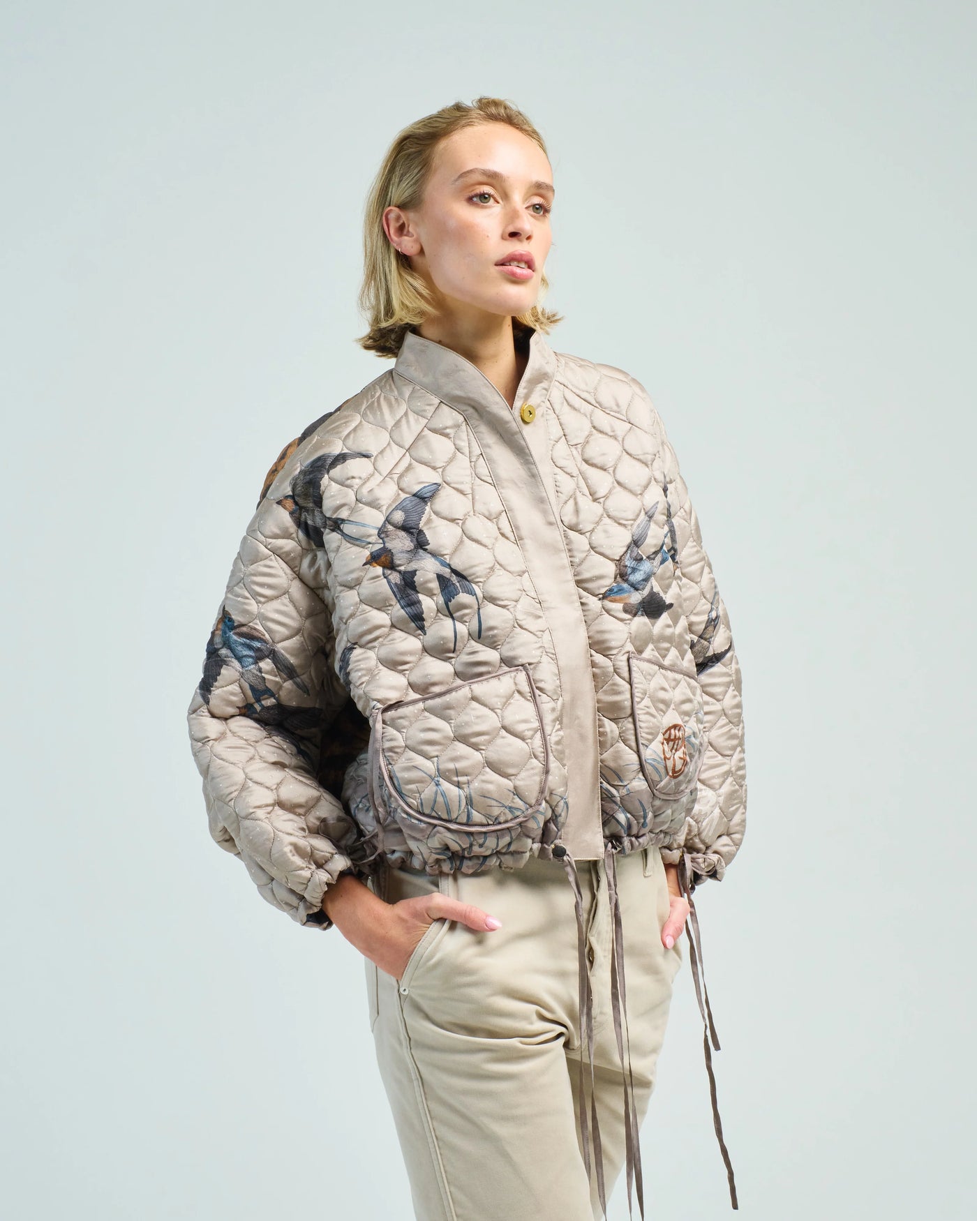 The Lunar Leopard Reversible Silk Twill Bomber Jacket in Champagne/Soot
