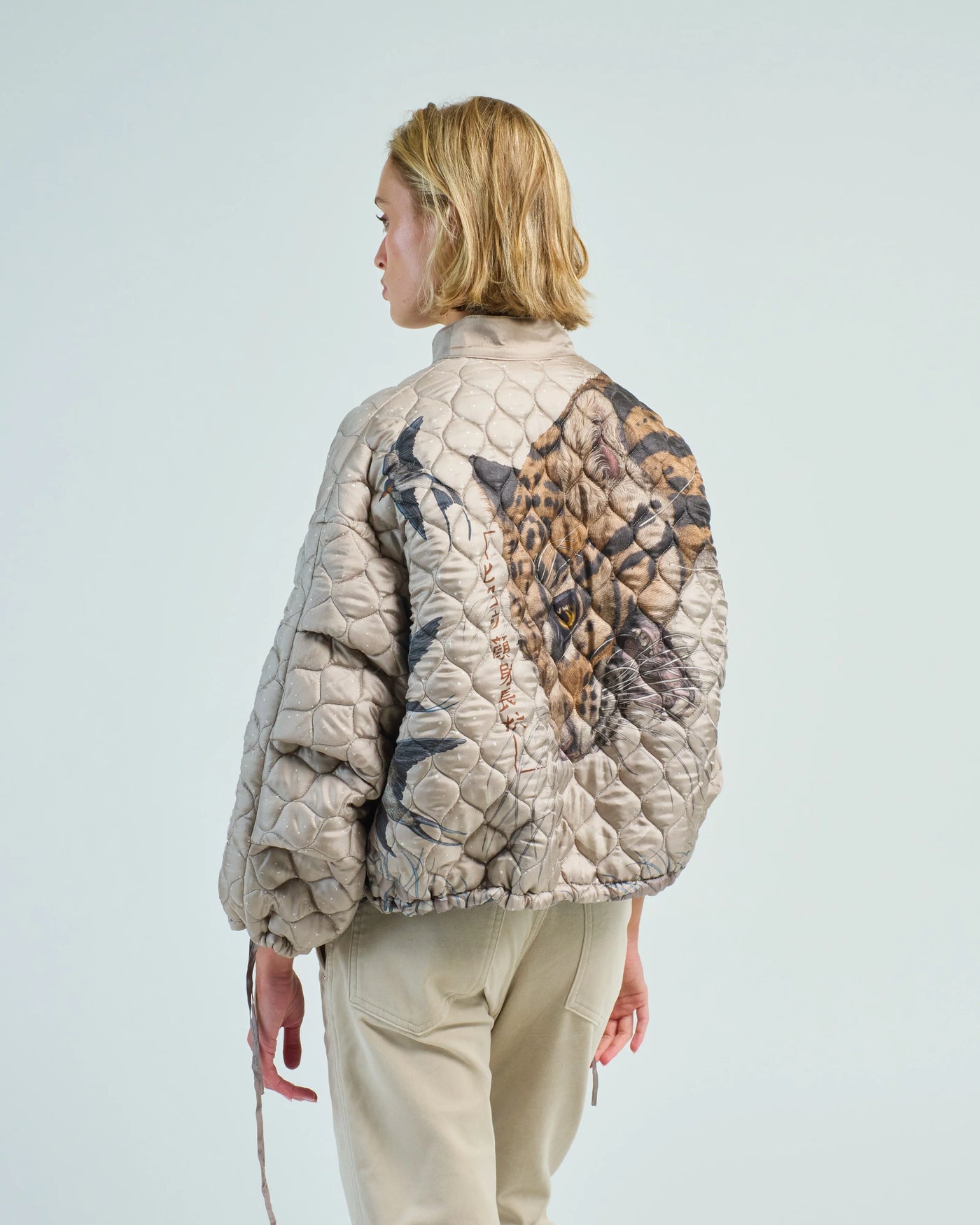 The Lunar Leopard Reversible Silk Twill Bomber Jacket in Champagne/Soot