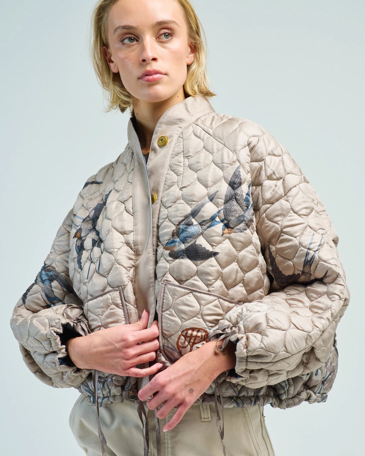 The Lunar Leopard Reversible Silk Twill Bomber Jacket in Champagne/Soot