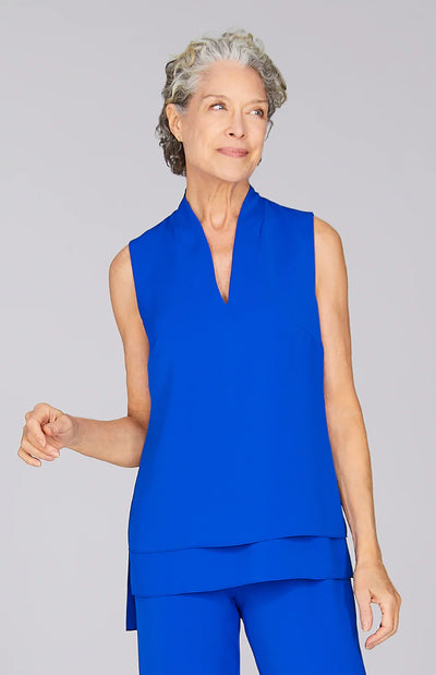 Lustrous Crepe High Neck Double Layer Tank in Cobalt