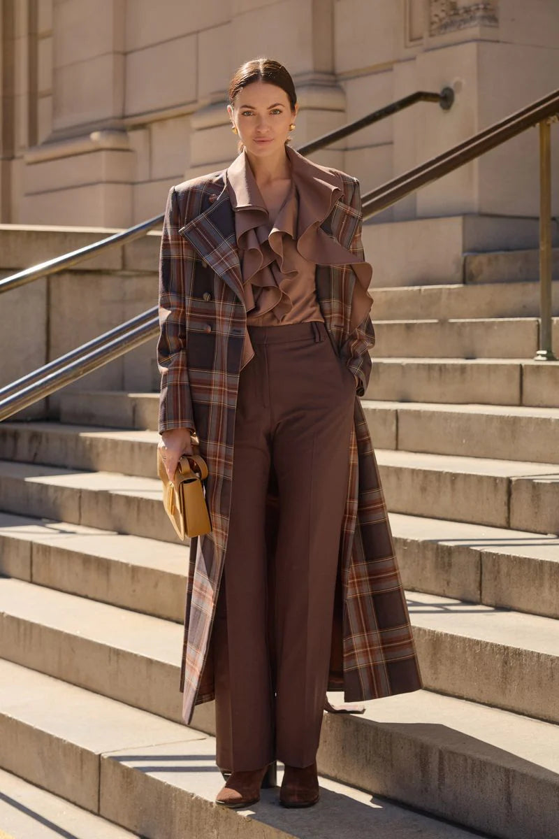 Plaid Coat With Scarf in Mocca Tartan