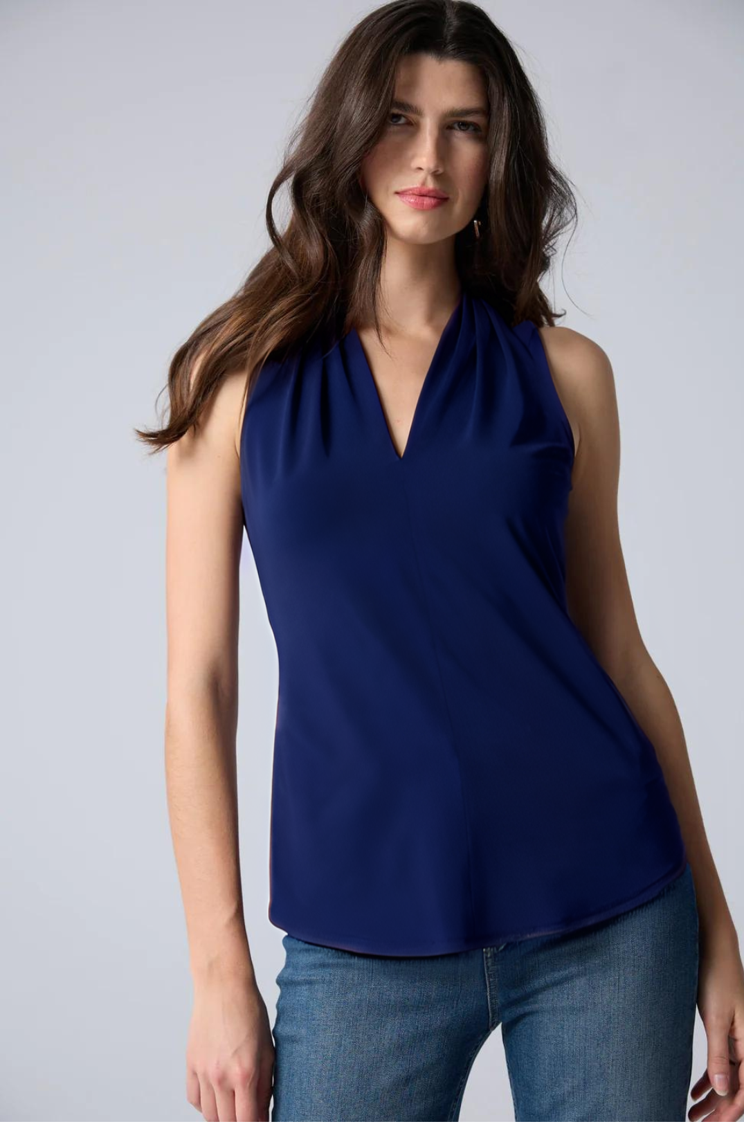 Matte Jersey Sleeveless Pleated V-Neck Top in Navy