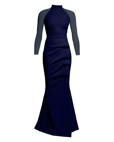 Maylys Mock-Neck Long-Sleeve Illusion Gown in Blu Notte