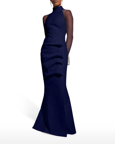 Maylys Mock-Neck Long-Sleeve Illusion Gown in Blu Notte