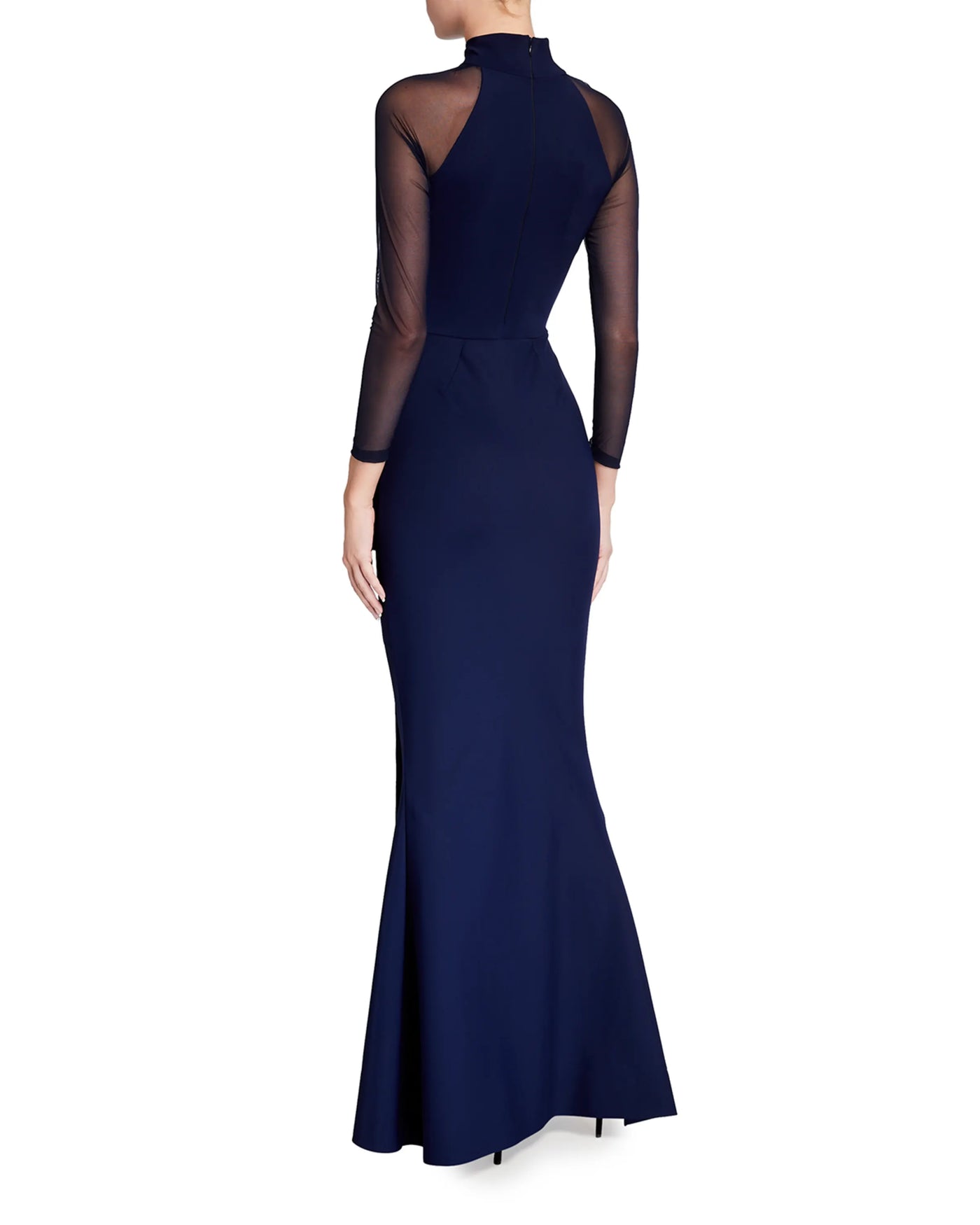Maylys Mock-Neck Long-Sleeve Illusion Gown in Blu Notte