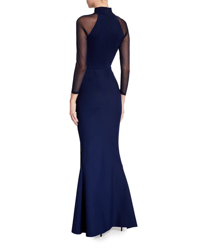 Maylys Mock-Neck Long-Sleeve Illusion Gown in Blu Notte