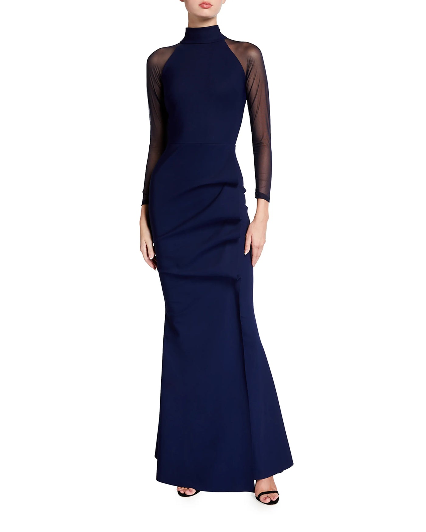 Maylys Mock-Neck Long-Sleeve Illusion Gown in Blu Notte