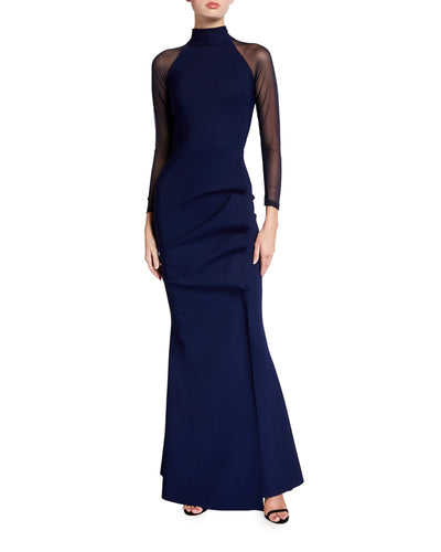 Maylys Mock-Neck Long-Sleeve Illusion Gown in Blu Notte