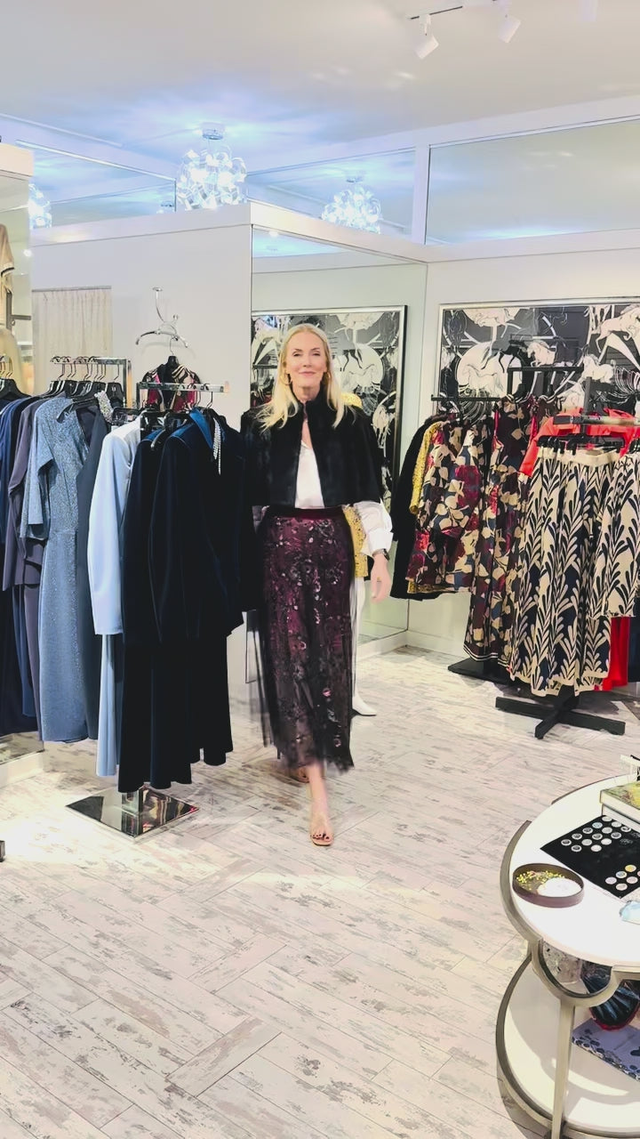 Sequin-Embellished Tulle Skirt in Plum/Black Sheer With Metallic Floral