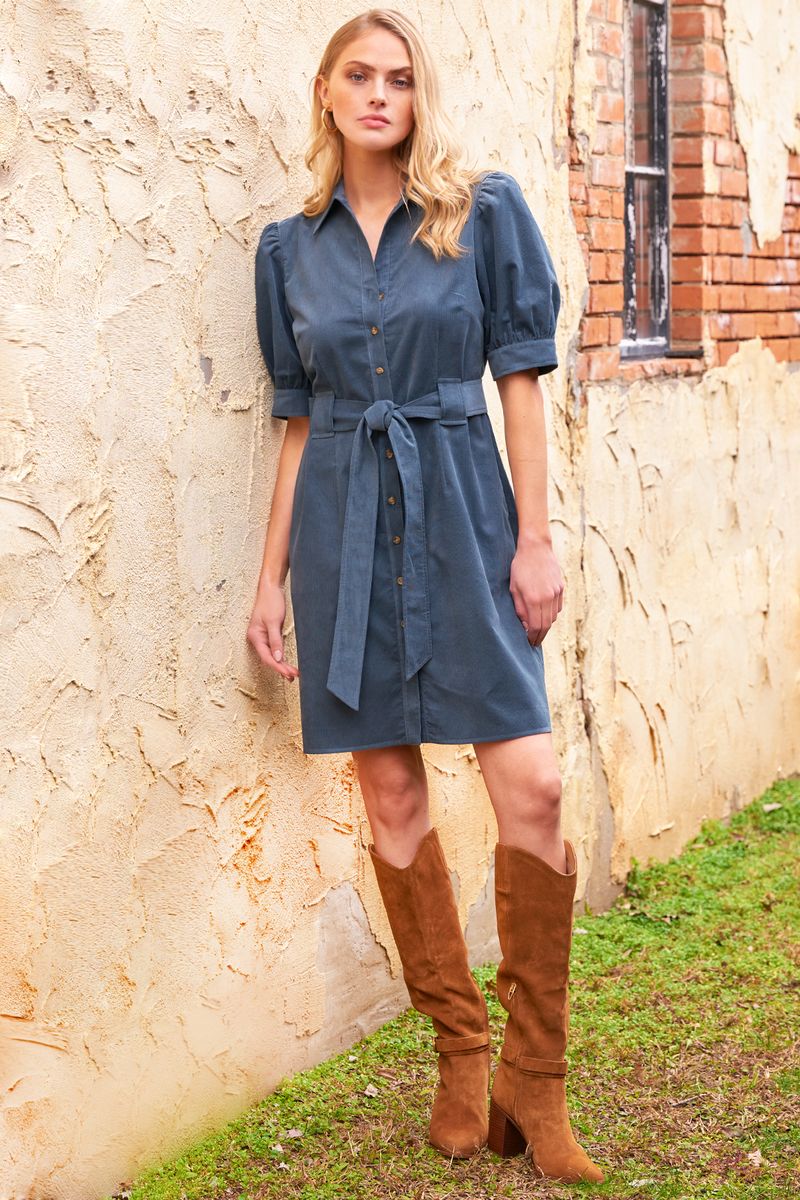 Piper Dress Corduroy in Steel Blue