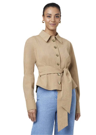 Mina Seamed Tie-Front Poplin Button Down in Latte