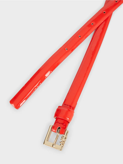 Narrow Patent Belt with Delicate Buckle in Bright Tomato